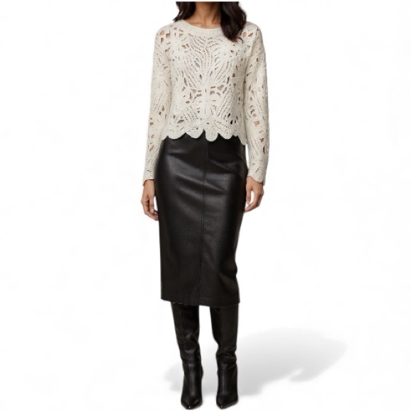 WD·NY Ivory Openwork Crochet Sweater Scalloped Hem Boho Romantic M Holiday Gift - Picture 4 of 11